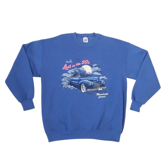 Vintage 90s Johnny Tillotson Blue Classic Car Graphic Sweatshirt XL - Picture 1 of 5